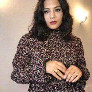 Black Floral Print Pleated Top